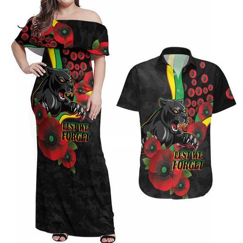 Penrith Panthers ANZAC Personalised Couples Matching Off Shoulder Maxi Dress and Hawaiian Shirt Lest We Forget Poppy Camo