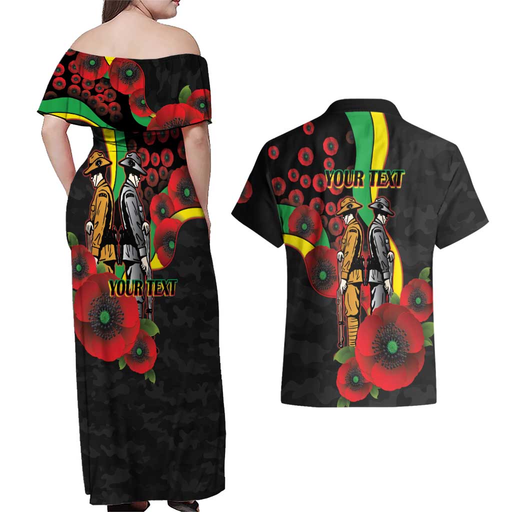 Penrith Panthers ANZAC Personalised Couples Matching Off Shoulder Maxi Dress and Hawaiian Shirt Lest We Forget Poppy Camo