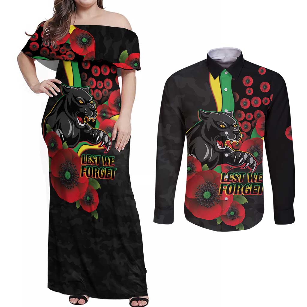 Penrith Panthers ANZAC Personalised Couples Matching Off Shoulder Maxi Dress and Long Sleeve Button Shirt Lest We Forget Poppy Camo