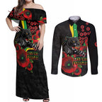 Penrith Panthers ANZAC Personalised Couples Matching Off Shoulder Maxi Dress and Long Sleeve Button Shirt Lest We Forget Poppy Camo