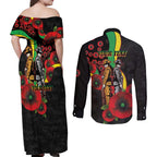 Penrith Panthers ANZAC Personalised Couples Matching Off Shoulder Maxi Dress and Long Sleeve Button Shirt Lest We Forget Poppy Camo