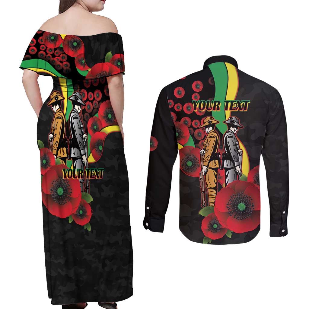 Penrith Panthers ANZAC Personalised Couples Matching Off Shoulder Maxi Dress and Long Sleeve Button Shirt Lest We Forget Poppy Camo