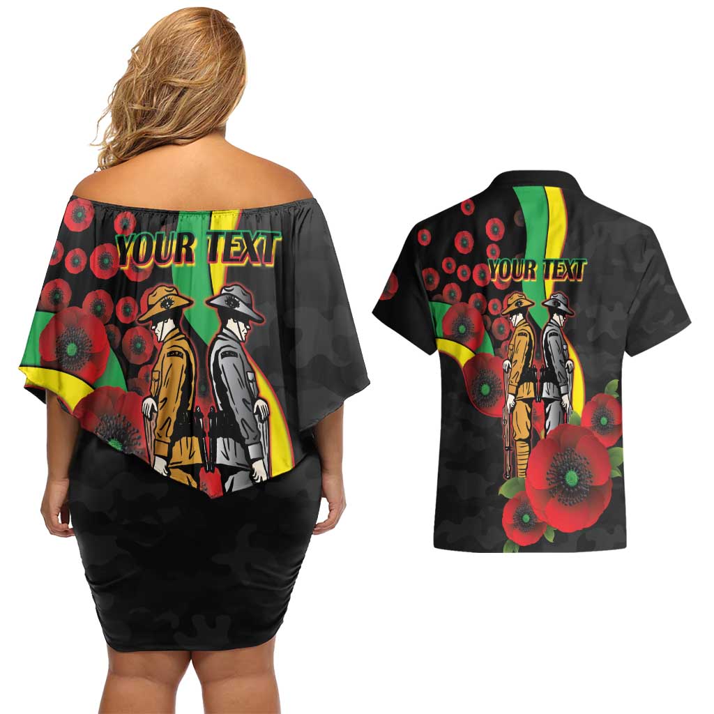 Penrith Panthers ANZAC Personalised Couples Matching Off Shoulder Short Dress and Hawaiian Shirt Lest We Forget Poppy Camo