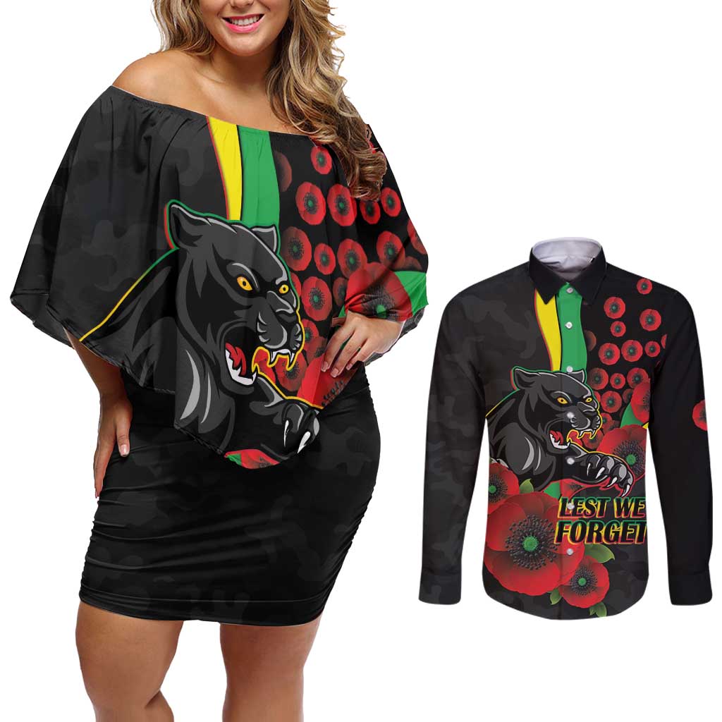 Penrith Panthers ANZAC Personalised Couples Matching Off Shoulder Short Dress and Long Sleeve Button Shirt Lest We Forget Poppy Camo