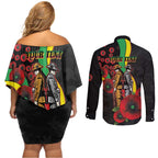 Penrith Panthers ANZAC Personalised Couples Matching Off Shoulder Short Dress and Long Sleeve Button Shirt Lest We Forget Poppy Camo