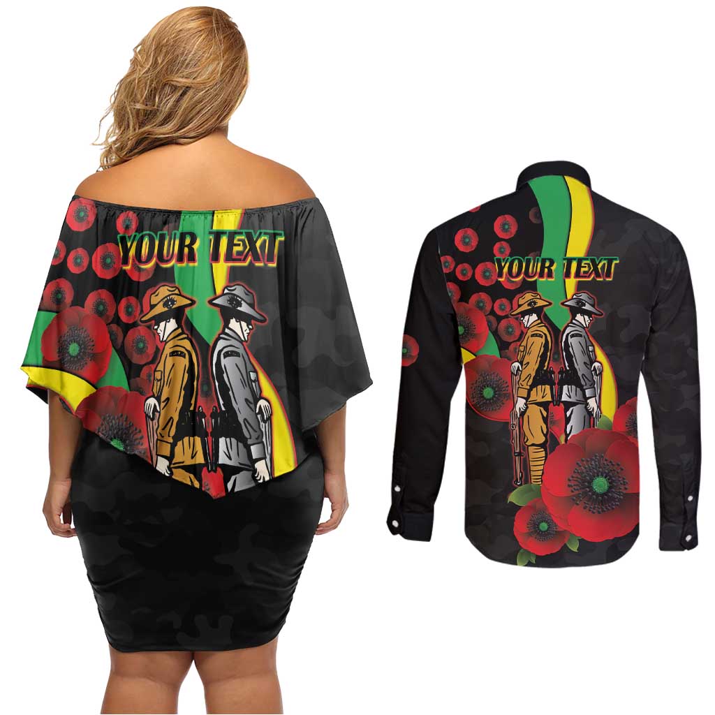 Penrith Panthers ANZAC Personalised Couples Matching Off Shoulder Short Dress and Long Sleeve Button Shirt Lest We Forget Poppy Camo