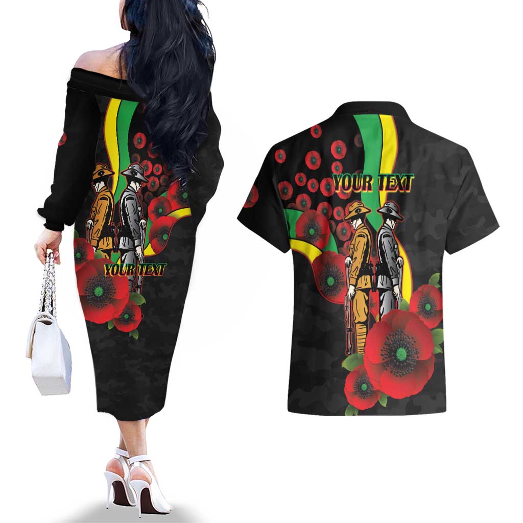 Penrith Panthers ANZAC Personalised Couples Matching Off The Shoulder Long Sleeve Dress and Hawaiian Shirt Lest We Forget Poppy Camo