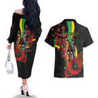 Penrith Panthers ANZAC Personalised Couples Matching Off The Shoulder Long Sleeve Dress and Hawaiian Shirt Lest We Forget Poppy Camo
