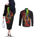 Penrith Panthers ANZAC Personalised Couples Matching Off The Shoulder Long Sleeve Dress and Long Sleeve Button Shirt Lest We Forget Poppy Camo