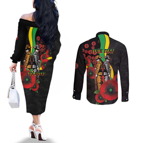 Penrith Panthers ANZAC Personalised Couples Matching Off The Shoulder Long Sleeve Dress and Long Sleeve Button Shirt Lest We Forget Poppy Camo