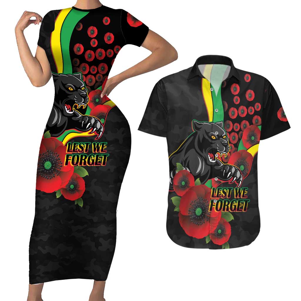 Penrith Panthers ANZAC Personalised Couples Matching Short Sleeve Bodycon Dress and Hawaiian Shirt Lest We Forget Poppy Camo