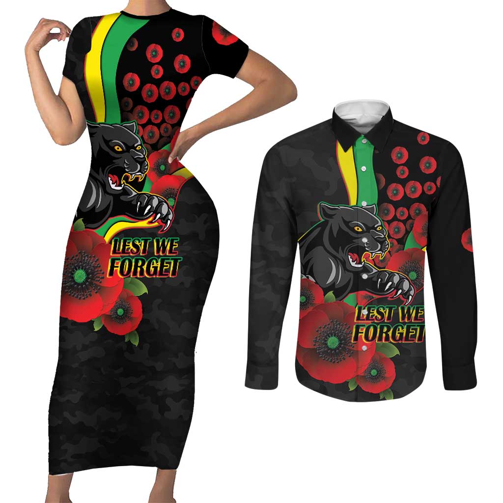 Penrith Panthers ANZAC Personalised Couples Matching Short Sleeve Bodycon Dress and Long Sleeve Button Shirt Lest We Forget Poppy Camo