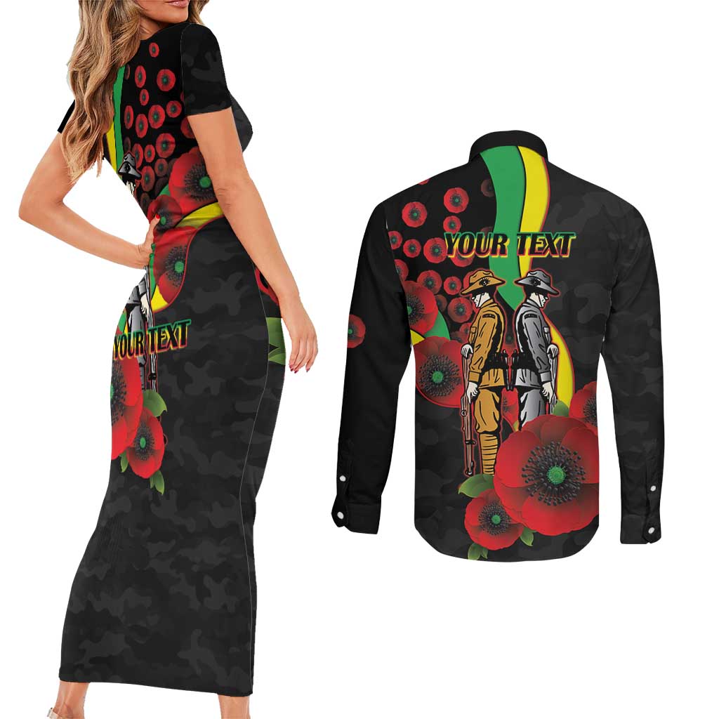 Penrith Panthers ANZAC Personalised Couples Matching Short Sleeve Bodycon Dress and Long Sleeve Button Shirt Lest We Forget Poppy Camo