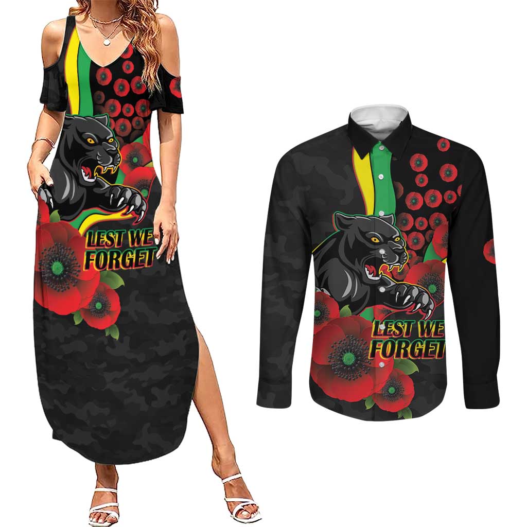 Penrith Panthers ANZAC Personalised Couples Matching Summer Maxi Dress and Long Sleeve Button Shirt Lest We Forget Poppy Camo