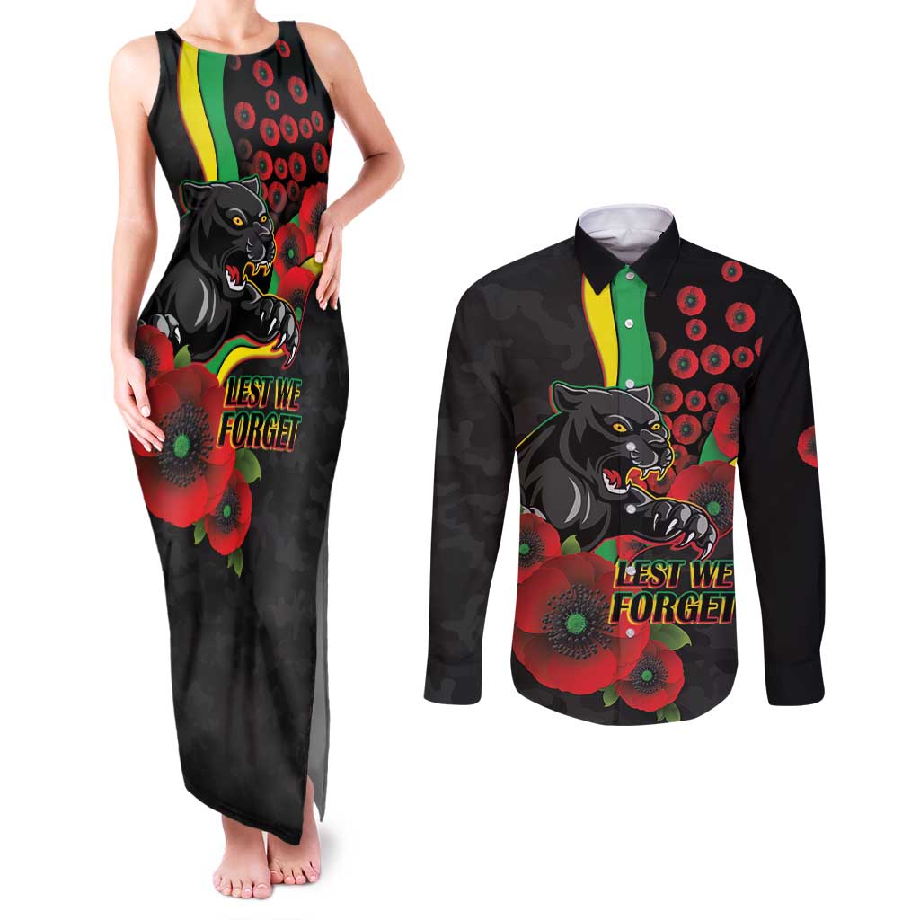 Penrith Panthers ANZAC Personalised Couples Matching Tank Maxi Dress and Long Sleeve Button Shirt Lest We Forget Poppy Camo