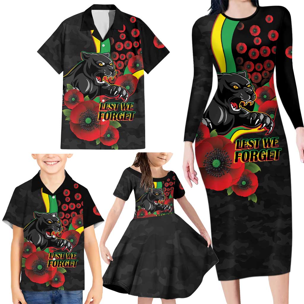 Penrith Panthers ANZAC Personalised Family Matching Long Sleeve Bodycon Dress and Hawaiian Shirt Lest We Forget Poppy Camo