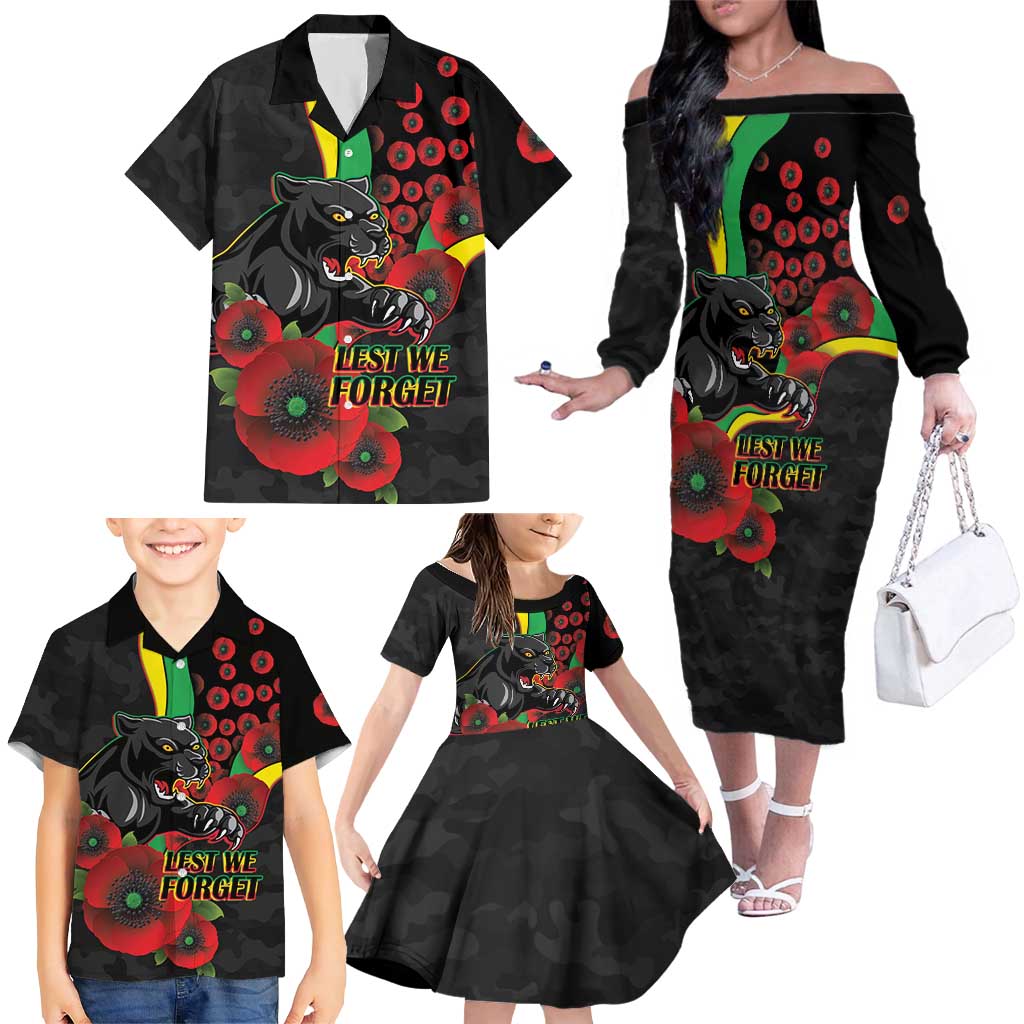 Penrith Panthers ANZAC Personalised Family Matching Off The Shoulder Long Sleeve Dress and Hawaiian Shirt Lest We Forget Poppy Camo