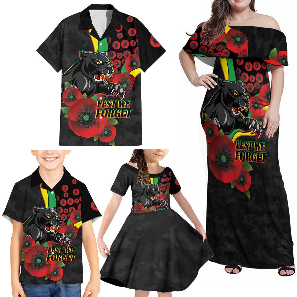 Penrith Panthers ANZAC Personalised Family Matching Off Shoulder Maxi Dress and Hawaiian Shirt Lest We Forget Poppy Camo