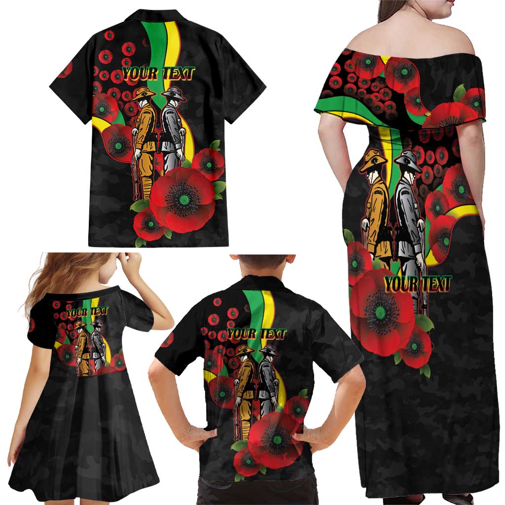 Penrith Panthers ANZAC Personalised Family Matching Off Shoulder Maxi Dress and Hawaiian Shirt Lest We Forget Poppy Camo