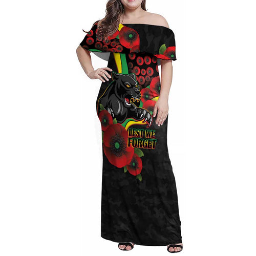 Penrith Panthers ANZAC Personalised Family Matching Off Shoulder Maxi Dress and Hawaiian Shirt Lest We Forget Poppy Camo