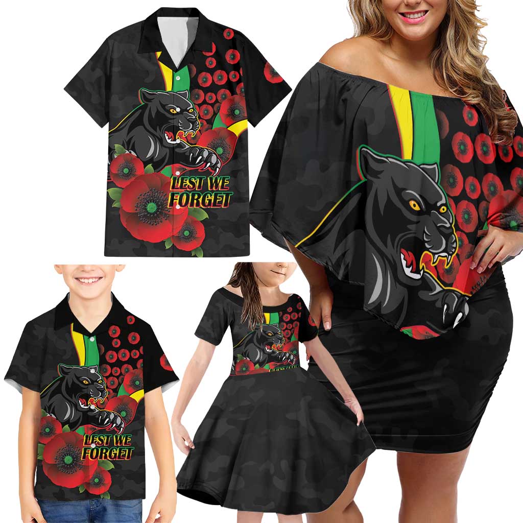 Penrith Panthers ANZAC Personalised Family Matching Off Shoulder Short Dress and Hawaiian Shirt Lest We Forget Poppy Camo