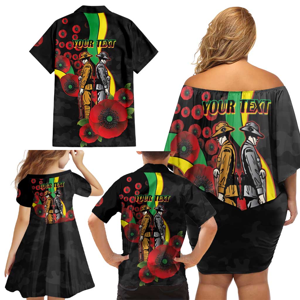 Penrith Panthers ANZAC Personalised Family Matching Off Shoulder Short Dress and Hawaiian Shirt Lest We Forget Poppy Camo