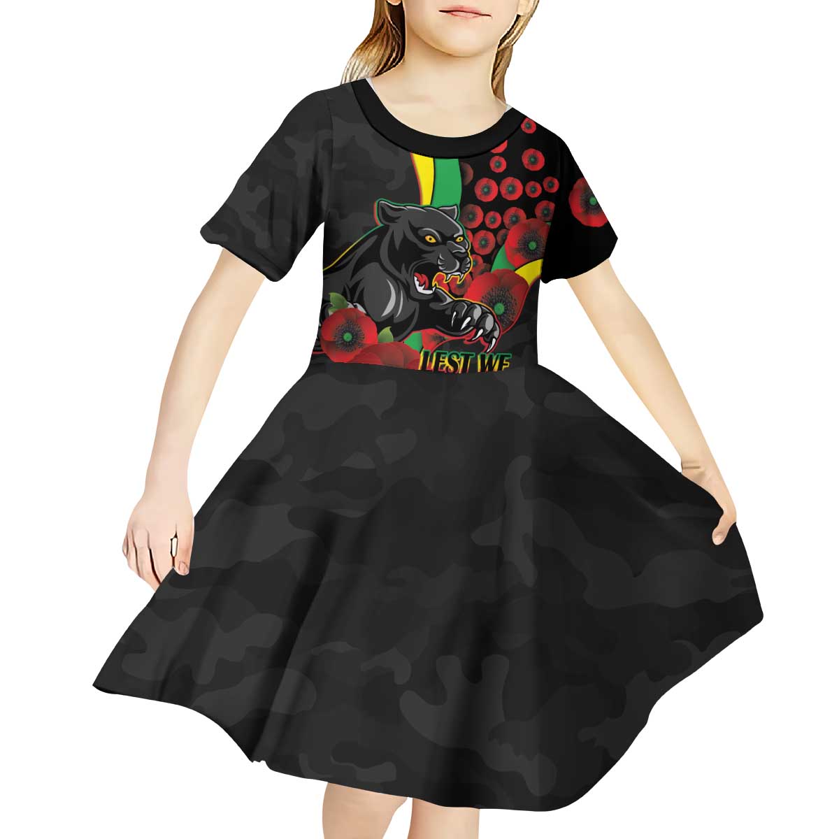 Penrith Panthers ANZAC Personalised Kid Short Sleeve Dress Lest We Forget Poppy Camo