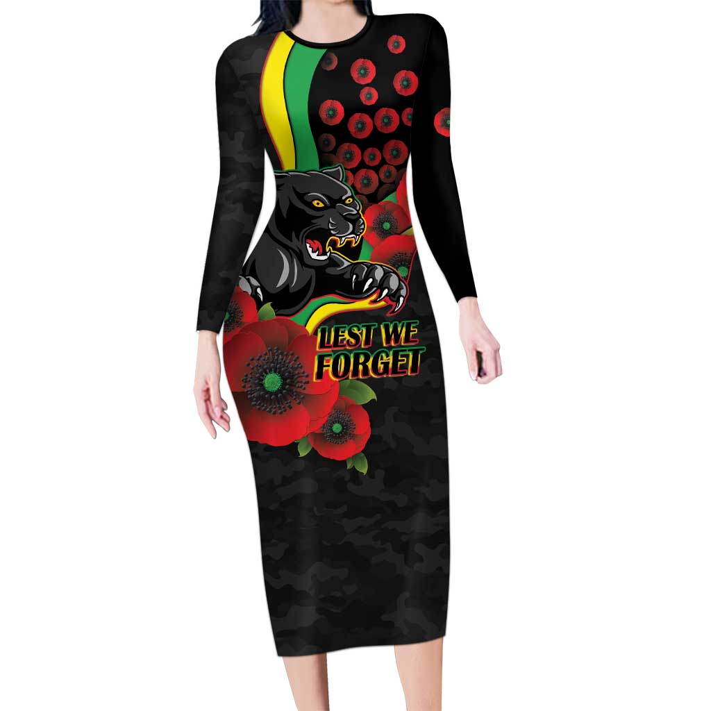 Penrith Panthers ANZAC Personalised Long Sleeve Bodycon Dress Lest We Forget Poppy Camo