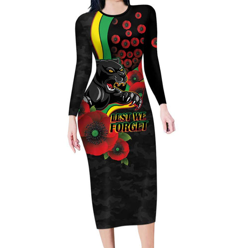 Penrith Panthers ANZAC Personalised Long Sleeve Bodycon Dress Lest We Forget Poppy Camo