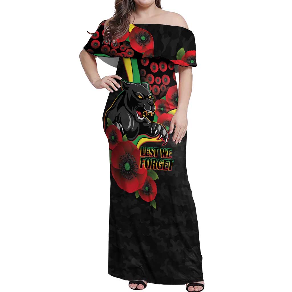 Penrith Panthers ANZAC Personalised Off Shoulder Maxi Dress Lest We Forget Poppy Camo