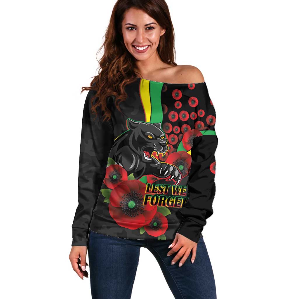 Penrith Panthers ANZAC Personalised Off Shoulder Sweater Lest We Forget Poppy Camo