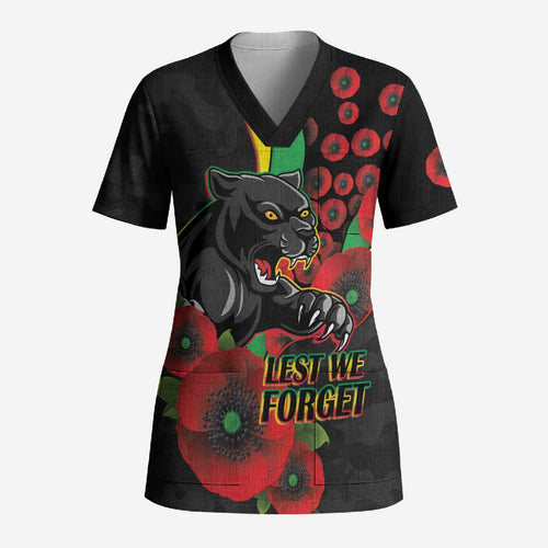Penrith Panthers ANZAC Personalised Scrub Top Lest We Forget Poppy Camo