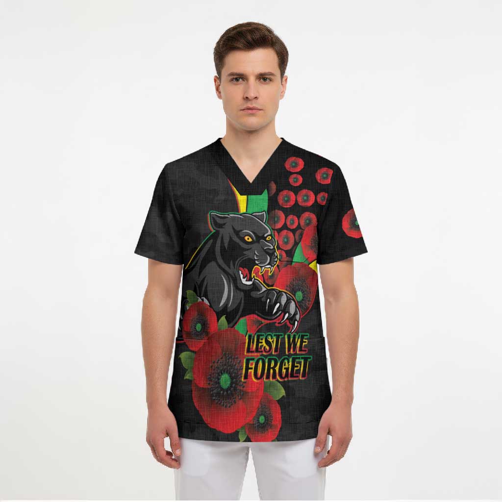 Penrith Panthers ANZAC Personalised Scrub Top Lest We Forget Poppy Camo