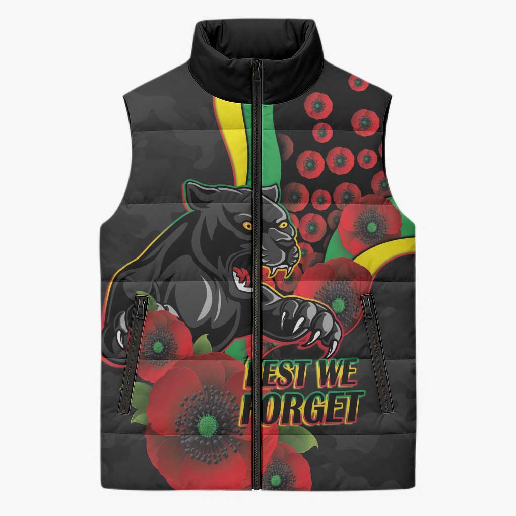 Penrith Panthers ANZAC Personalised Sleeveless Puffer Jacket Lest We Forget Poppy Camo