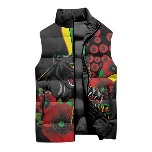Penrith Panthers ANZAC Personalised Sleeveless Puffer Jacket Lest We Forget Poppy Camo