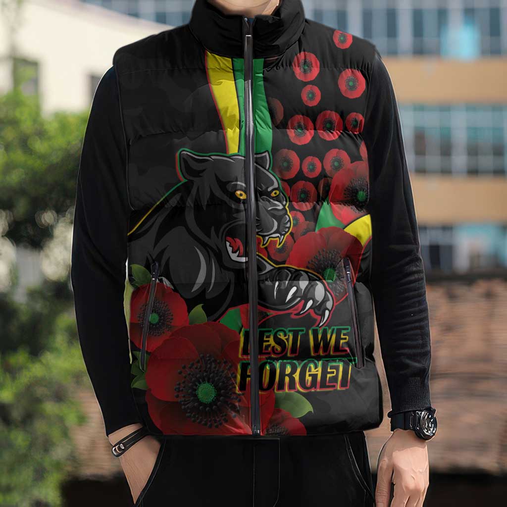 Penrith Panthers ANZAC Personalised Sleeveless Puffer Jacket Lest We Forget Poppy Camo
