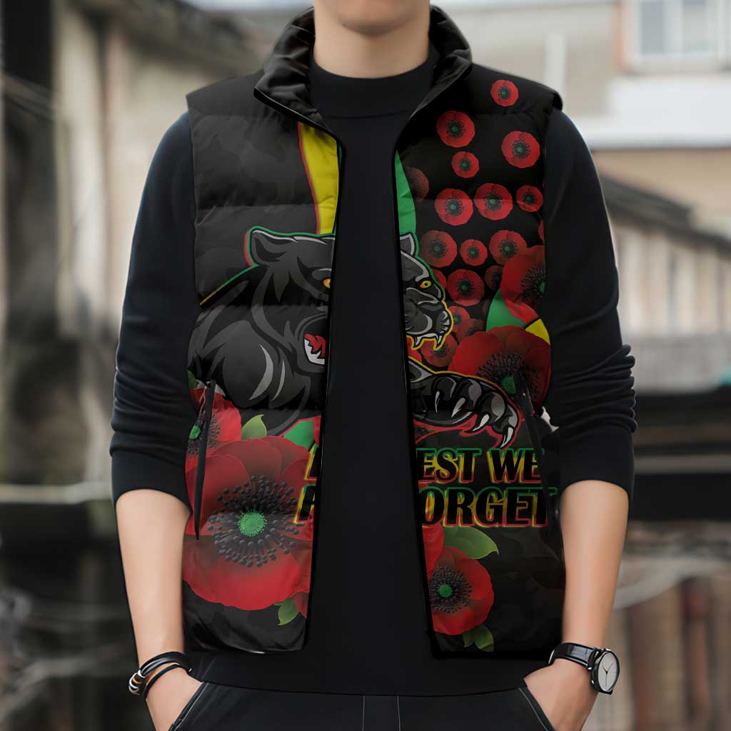 Penrith Panthers ANZAC Personalised Sleeveless Puffer Jacket Lest We Forget Poppy Camo