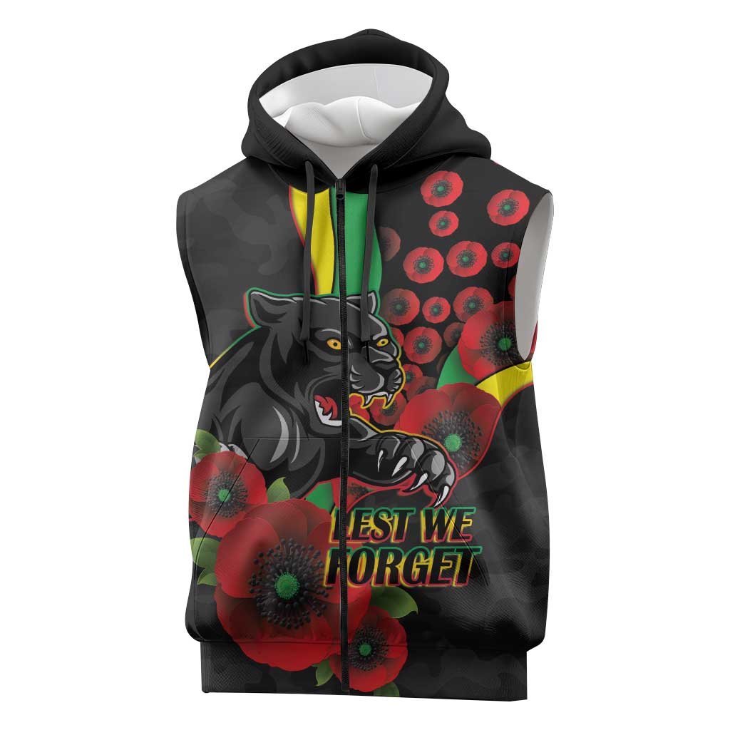 Penrith Panthers ANZAC Personalised Sleeveless Zip Hoodie Lest We Forget Poppy Camo