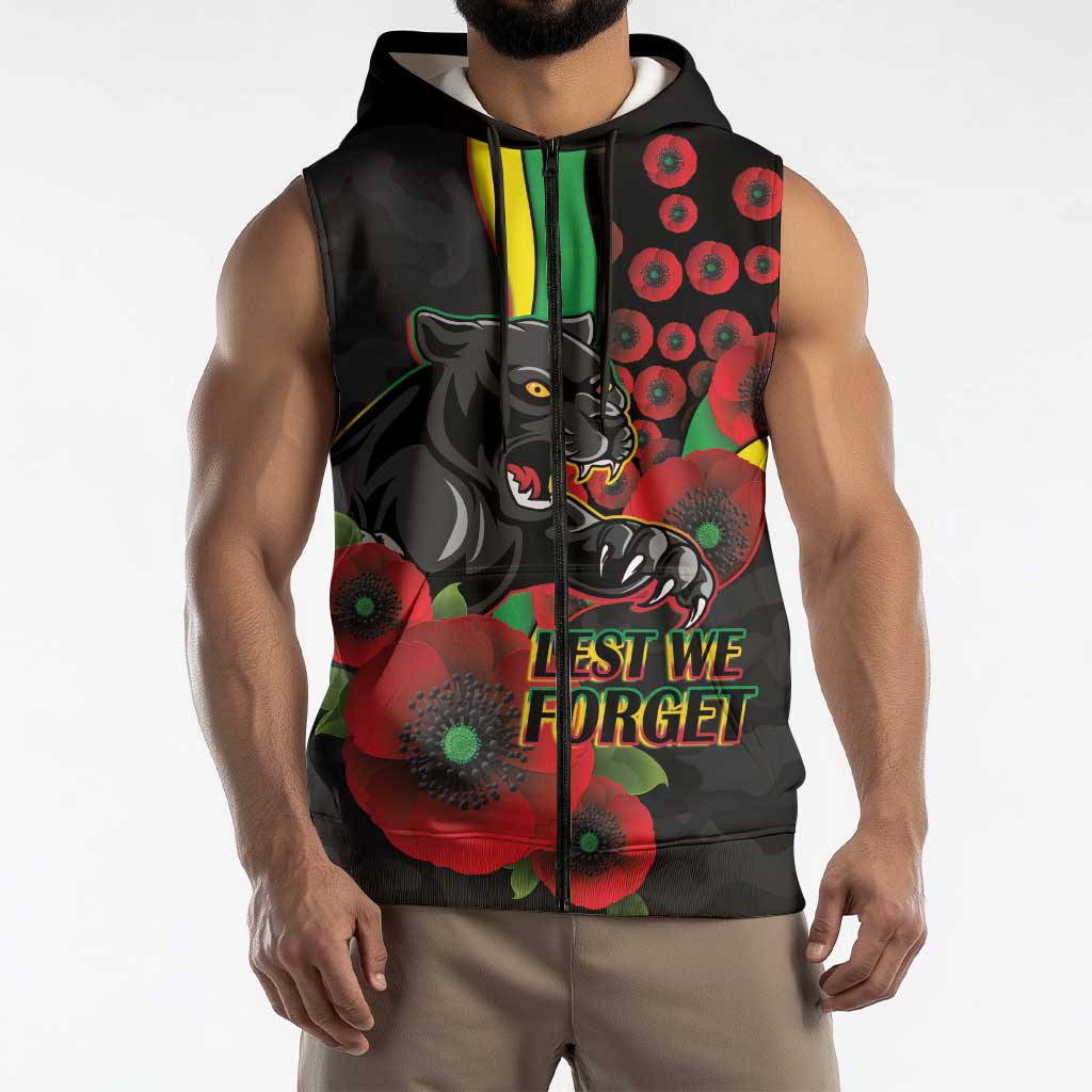 Penrith Panthers ANZAC Personalised Sleeveless Zip Hoodie Lest We Forget Poppy Camo