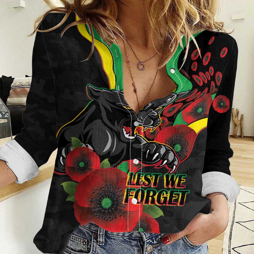 Penrith Panthers ANZAC Personalised Women Casual Shirt Lest We Forget Poppy Camo
