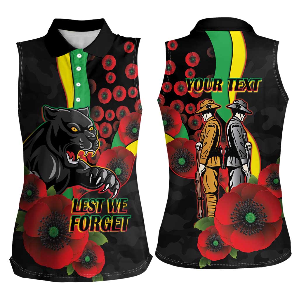 Penrith Panthers ANZAC Personalised Women Sleeveless Polo Shirt Lest We Forget Poppy Camo