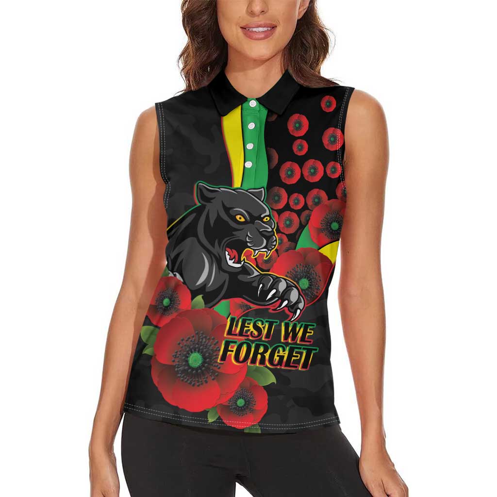 Penrith Panthers ANZAC Personalised Women Sleeveless Polo Shirt Lest We Forget Poppy Camo