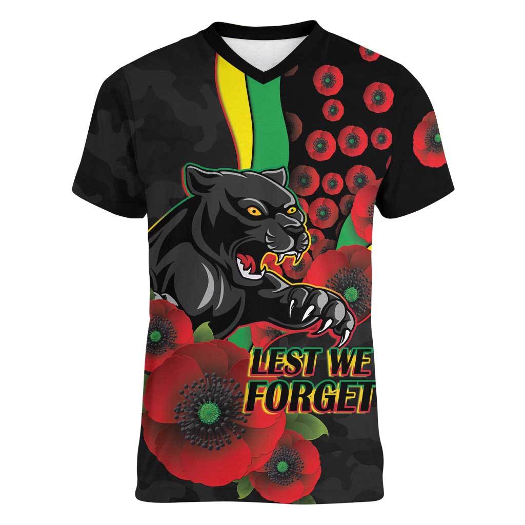 Penrith Panthers ANZAC Personalised Women V-Neck T-Shirt Lest We Forget Poppy Camo