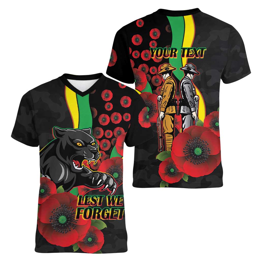 Penrith Panthers ANZAC Personalised Women V-Neck T-Shirt Lest We Forget Poppy Camo