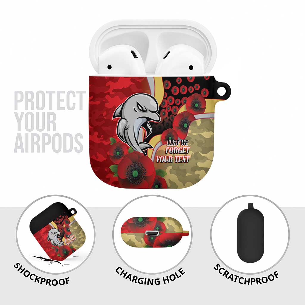 Redcliffe Dolphins ANZAC Personalised AirPods Case Lest We Forget Poppy Camo