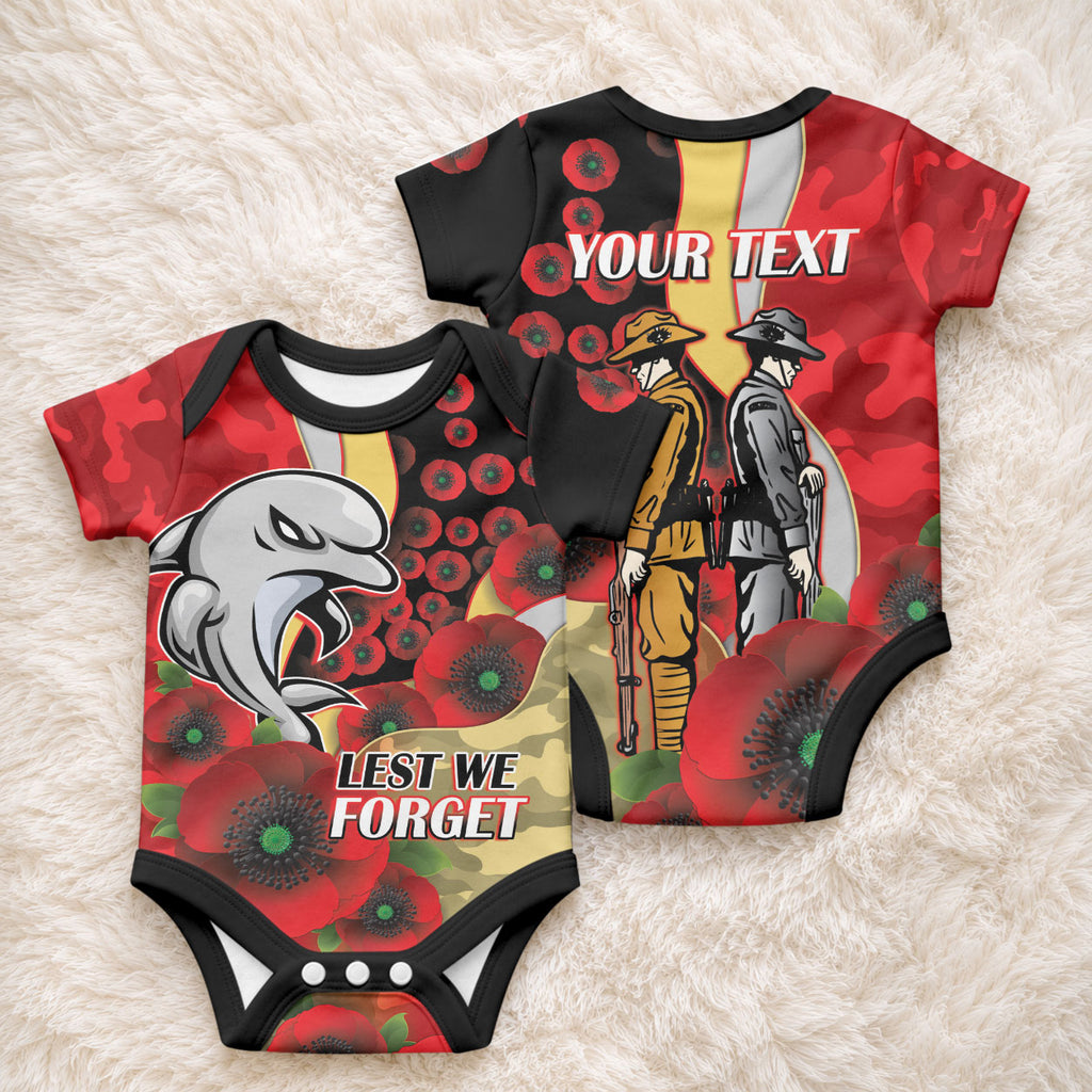 Redcliffe Dolphins ANZAC Personalised Baby Onesie Lest We Forget Poppy Camo