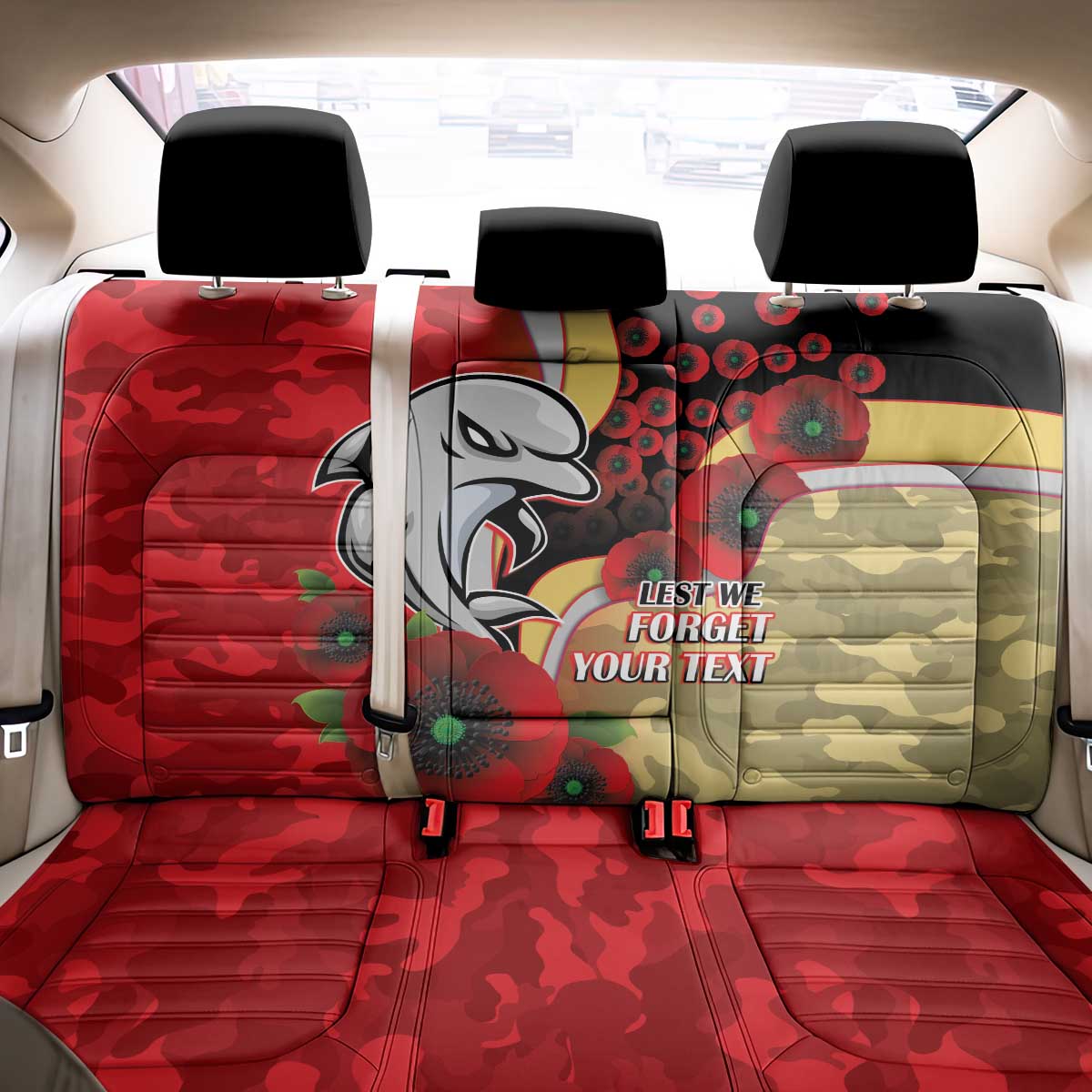 Redcliffe Dolphins ANZAC Personalised Back Car Seat Cover Lest We Forget Poppy Camo