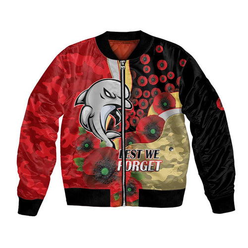 Redcliffe Dolphins ANZAC Personalised Bomber Jacket Lest We Forget Poppy Camo
