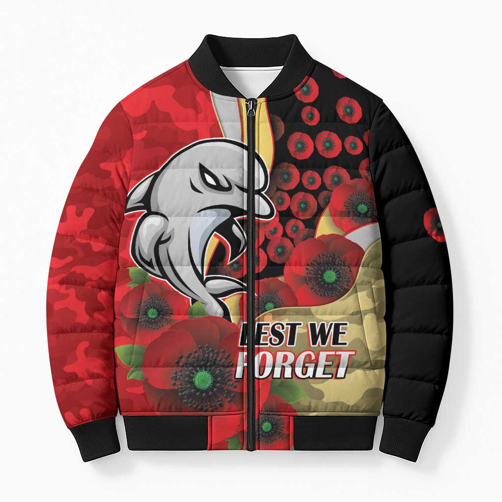 Redcliffe Dolphins ANZAC Personalised Bomber Puffer Jacket Lest We Forget Poppy Camo
