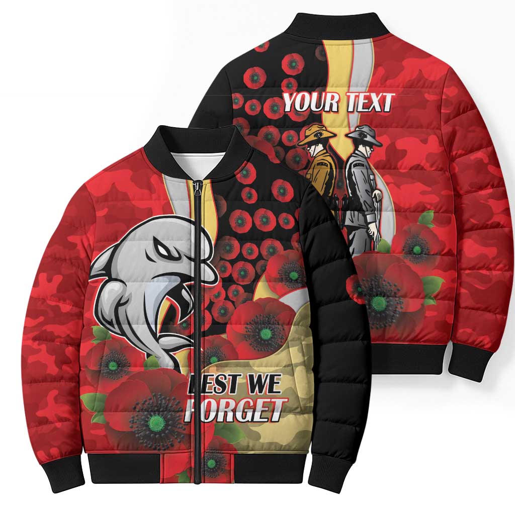 Redcliffe Dolphins ANZAC Personalised Bomber Puffer Jacket Lest We Forget Poppy Camo